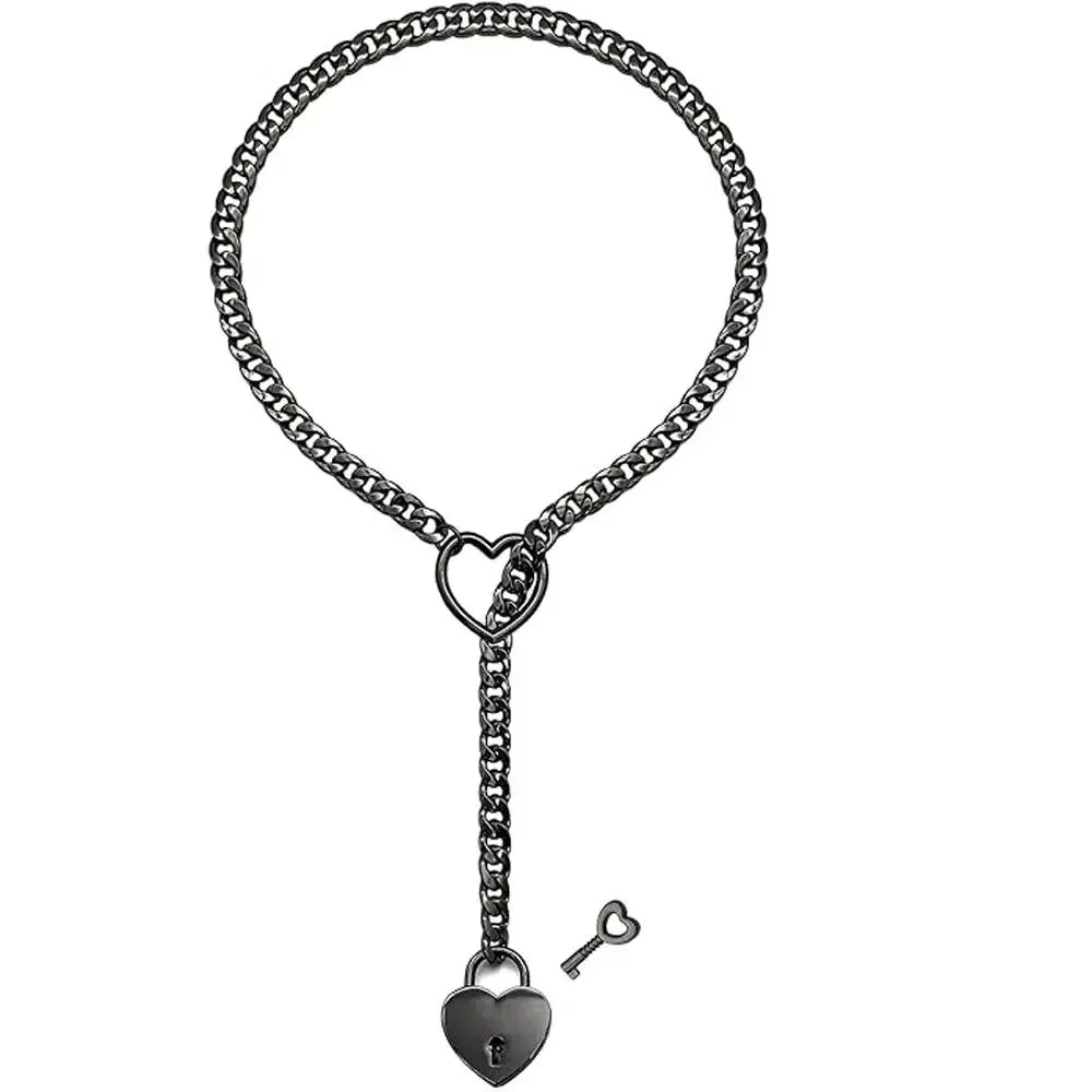 Cadena punk rock ajustable con corazón, anillo O, colgante de llave y candado en estilo cubano y y.