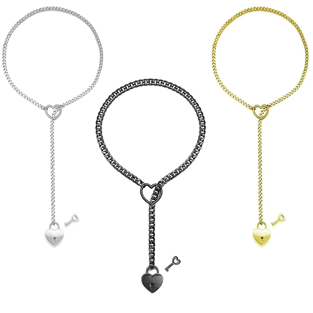 Cadena ajustable estilo punk rock con dije de corazón y candado, colgante tipo lariat y estilo cubano de la marca ANZ