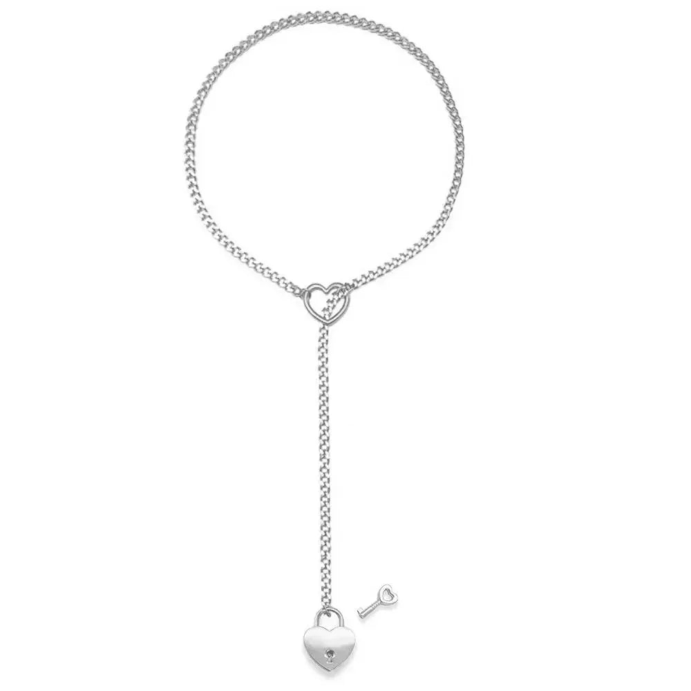 Collar punk rock ajustable con cadena cubana en forma de corazón y candado, estilo Y con colgantes de llave y corazón de la marca ANZ