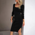 Vestido midi elegante de canalé con abertura lateral de la marca ANZ, muestra su diseño ajustado y detalles en la imagen.