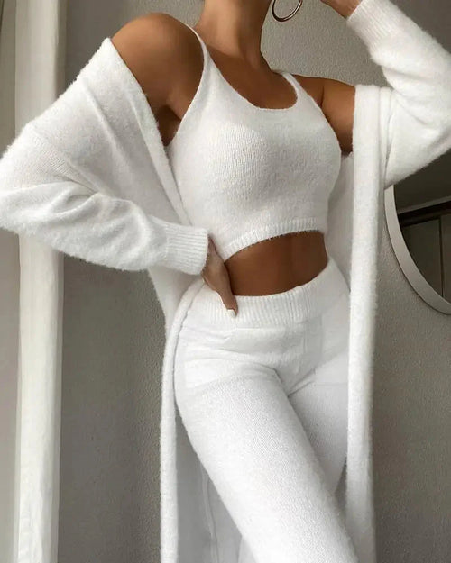 Conjunto de loungewear de felpa suave de 3 piezas de la marca ANZ, ropa cómoda y moderna para estar en casa