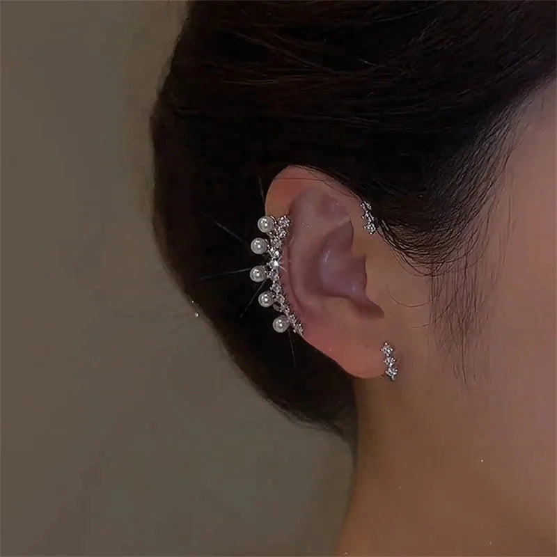 Arete de oreja estilo vintage con perlas y zirconia plateado de la marca ANZ, sin necesidad de perforación, joyería de moda para mujeres.