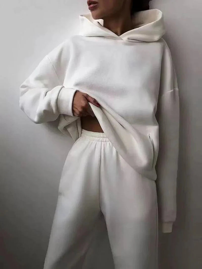 Conjunto de chándal de dos piezas de la marca ANZ, sudadera y pantalones deportivos en color gris claro.