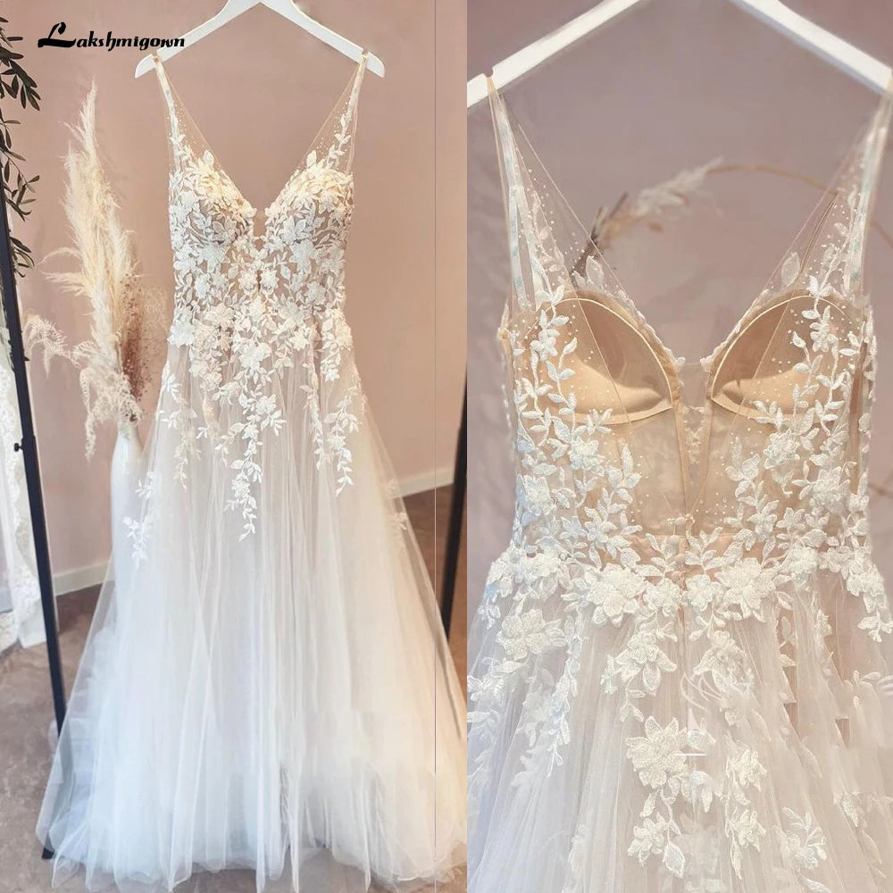 Corpiño de novia sin forro con tul, cuello en V, para vestido de playa, de la marca Glow, estilo fluido y elegante.