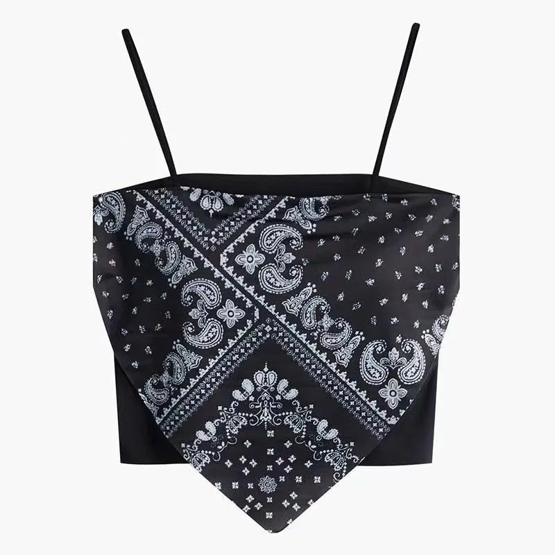 Top corto de satén con lazo en la espalda para mujer, blusa sin mangas con estampado bandana y tirantes finos de la marca Glow