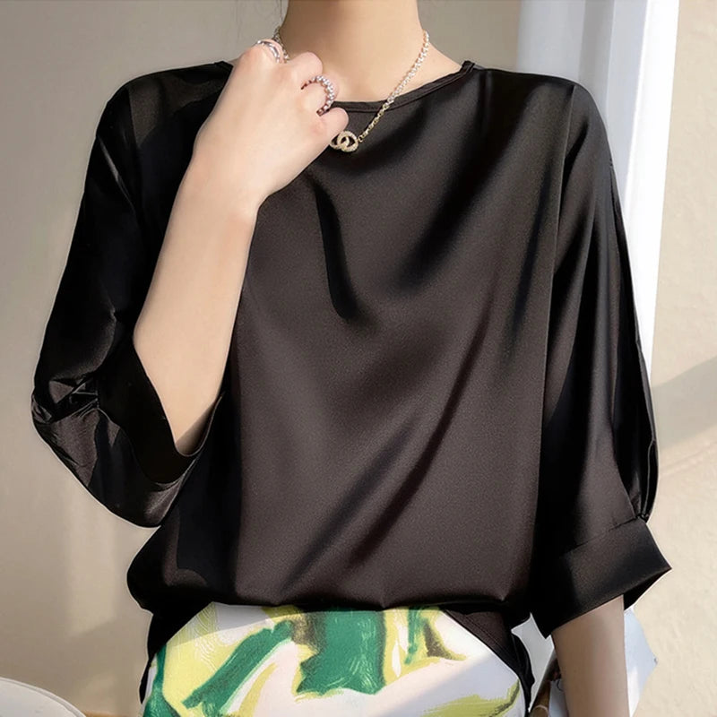 Camiseta de seda satinada de media manga para mujer, básica, sólida, con cuello redondo, blusa holgada y elegante de la marca Glow.