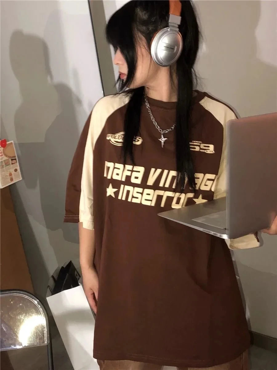 Camiseta grunge vintage estilo coreano de manga corta de la marca Glow, ropa informal y oversized para estilo Harajuku Egirl.