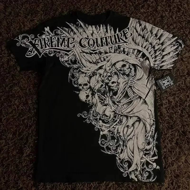 Camiseta blanca Y2K de Glow para hombre con estampado de calavera y letras sagradas, estilo retro gótico y manga corta