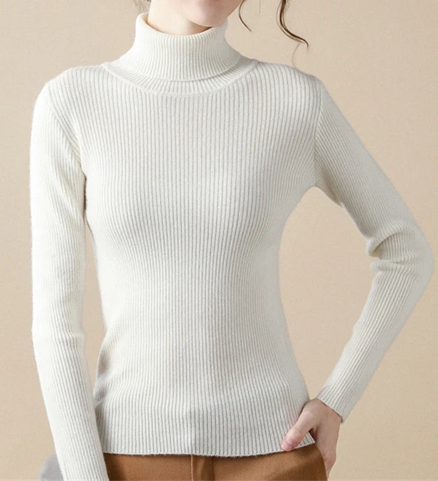Suéter de cuello alto para mujer de cachemira suave de la marca Glow, estilo básico y cómodo para otoño en color gris.