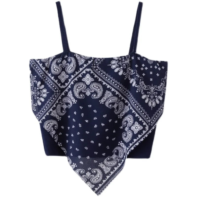 Top corto de satén con lazo en la espalda para mujer, blusa sin mangas con estampado bandana y tirantes finos, estilo verano.