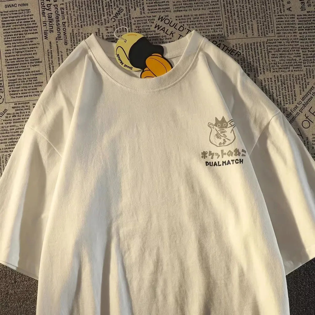 Camiseta de manga corta unisex con estampado de gato y bolsillo retro japonés, estilo universitario para verano.