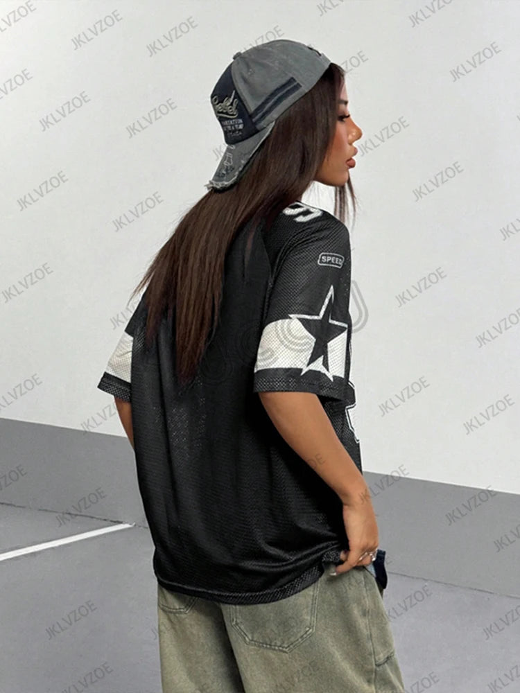 Camiseta negra de verano Glow para mujer con estampado de velocidad 91, manga corta, cuello en V y estilo holgado Y2K.