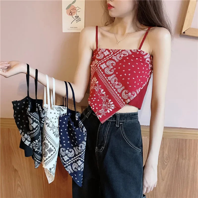 Top de satén para mujer con lazo en la espalda y estampado bandana, sin mangas, ideal para verano, marca Glow