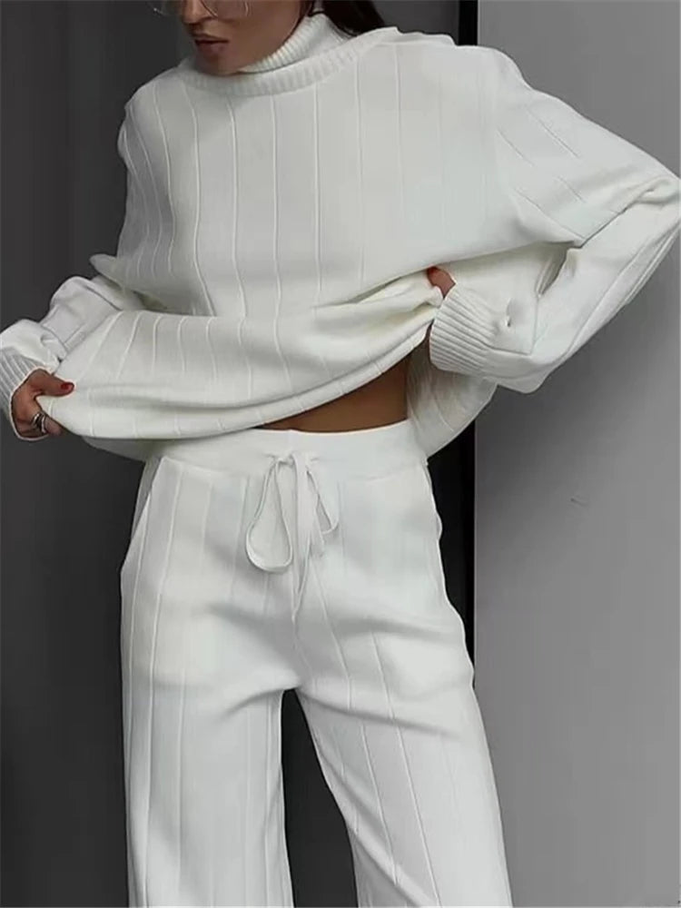 Conjunto de chándal de punto blanco para mujer, suéter de cuello alto y pantalón recto, ropa deportiva otoño-invierno Glow 2023