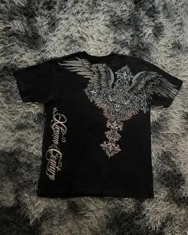 Camiseta blanca Y2K de Glow con estampado de calavera, letras sagradas y estilo gótico, manga corta, moda retro Harajuku para hombre.
