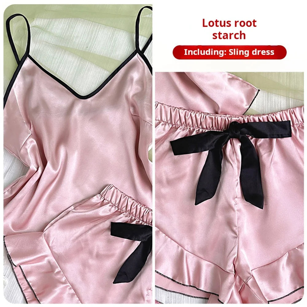 Pijama de satén para mujer de Glow con camiseta con cuello en V, bordes con volantes y pantalones cortos con lazo, ropa cómoda para el hogar