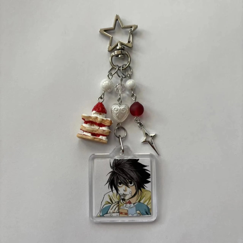 Llavero artesanal de anime Death Note L Lawliet en colores pastel con cuentas, perfecto como adorno para bolso o regalo navideño.