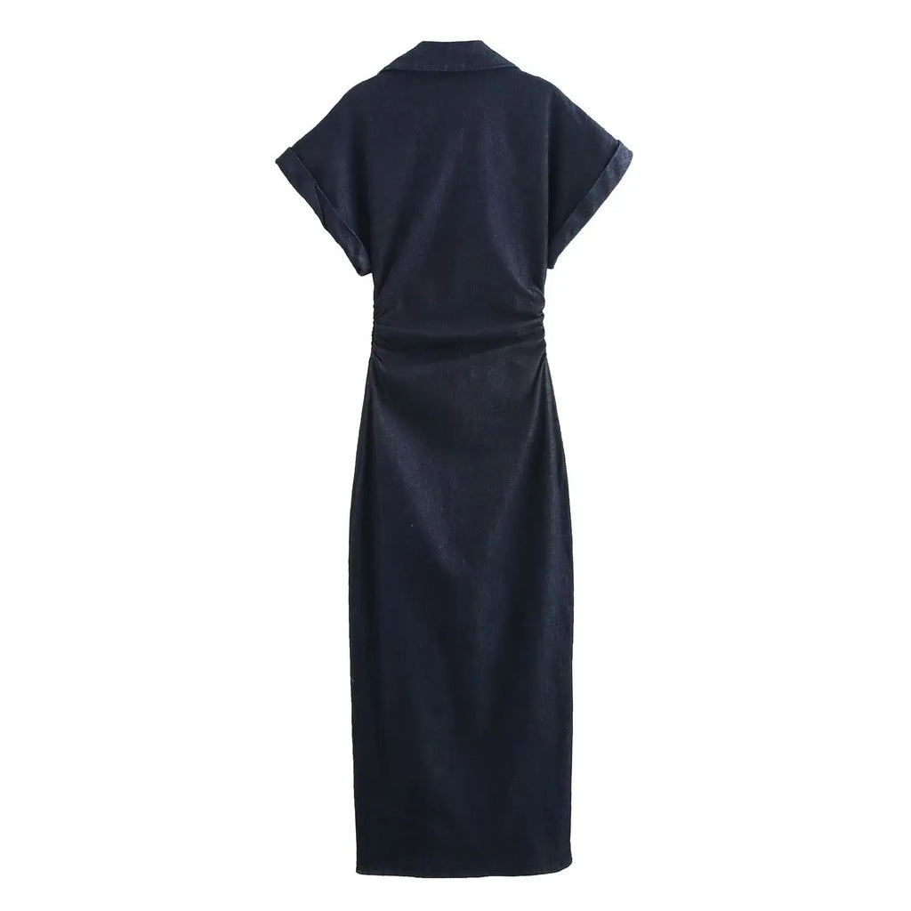 Vestido midi de mezclilla Glow ETJ 2025 traf primavera con solapa, cremallera lateral y cintura arrugada, elegante y de moda.