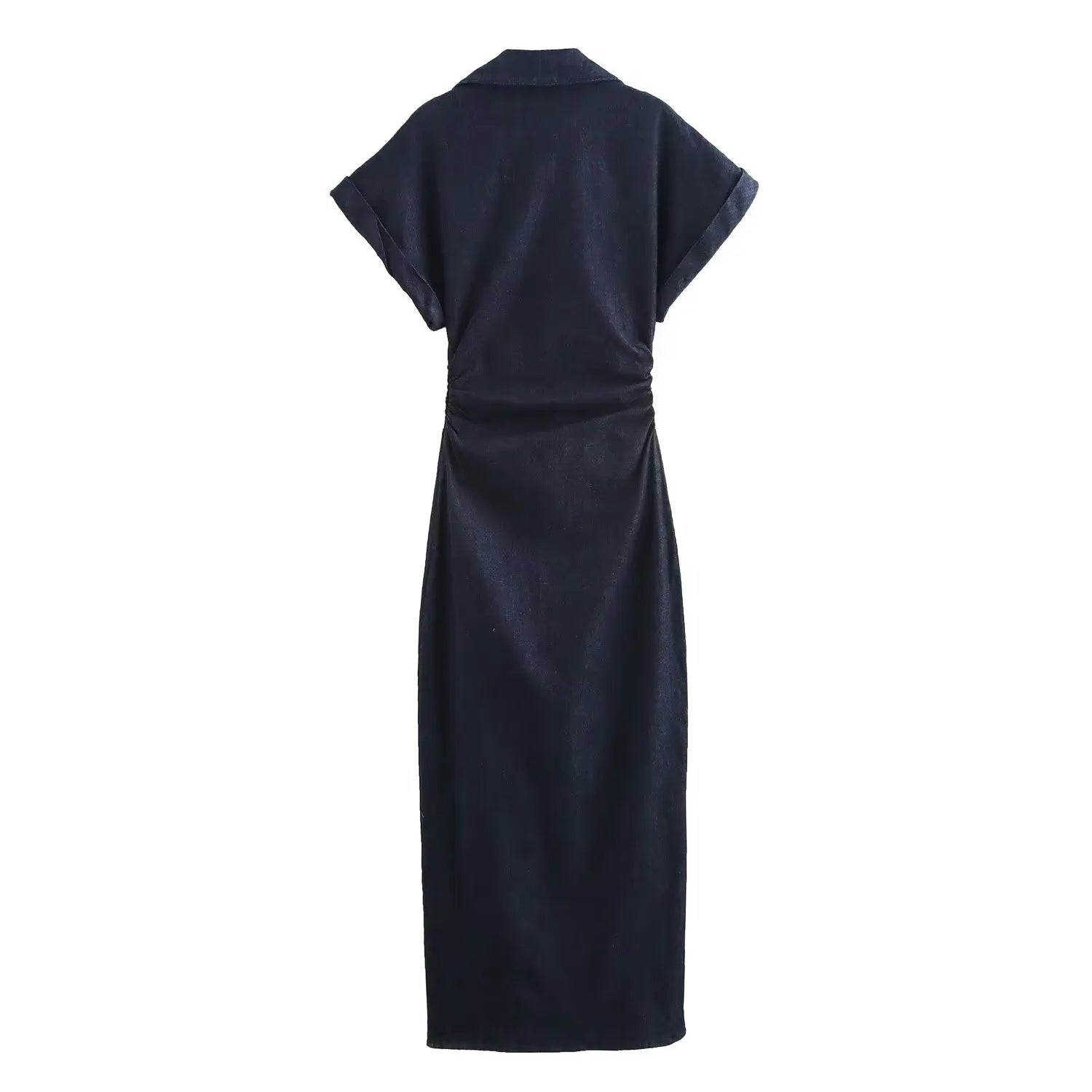 Vestido midi de mezclilla Glow ETJ 2025 traf primavera con solapa, cremallera lateral y cintura arrugada, elegante y de moda.