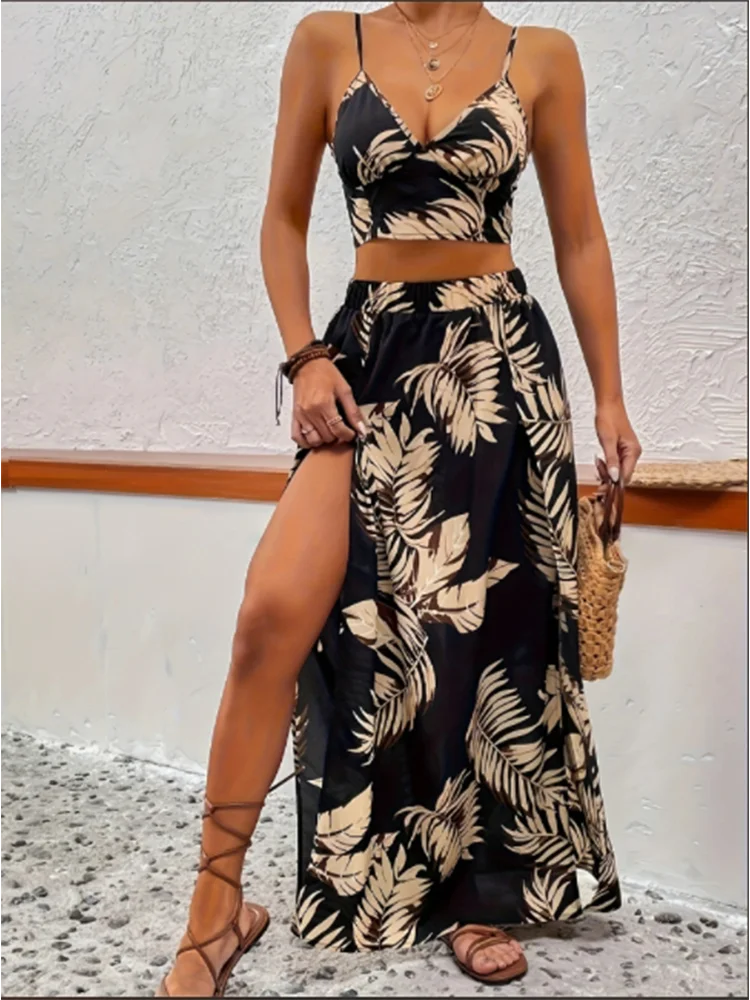 Vestido elegante de mujer Glow con cuello en V profundo, falda sin mangas y chaleco estampado, diseño sexy y de tendencia para verano.