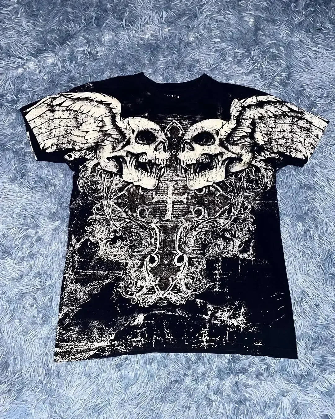 Camiseta blanca Y2K de Glow para hombre con estampado de letras, calavera y escritura sagrada, estilo gótico y retro Harajuku.