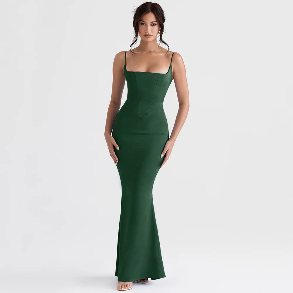 Vestido de fiesta verde ajustado para mujer con tirantes finos y forro, estilo maxi y elegante, de la marca Glow.