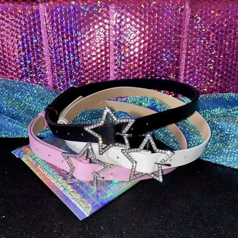 Cinturón Glow con hebilla de estrella Y2K, cuero rosa elástico con diamantes de imitación, accesorios retro para novia