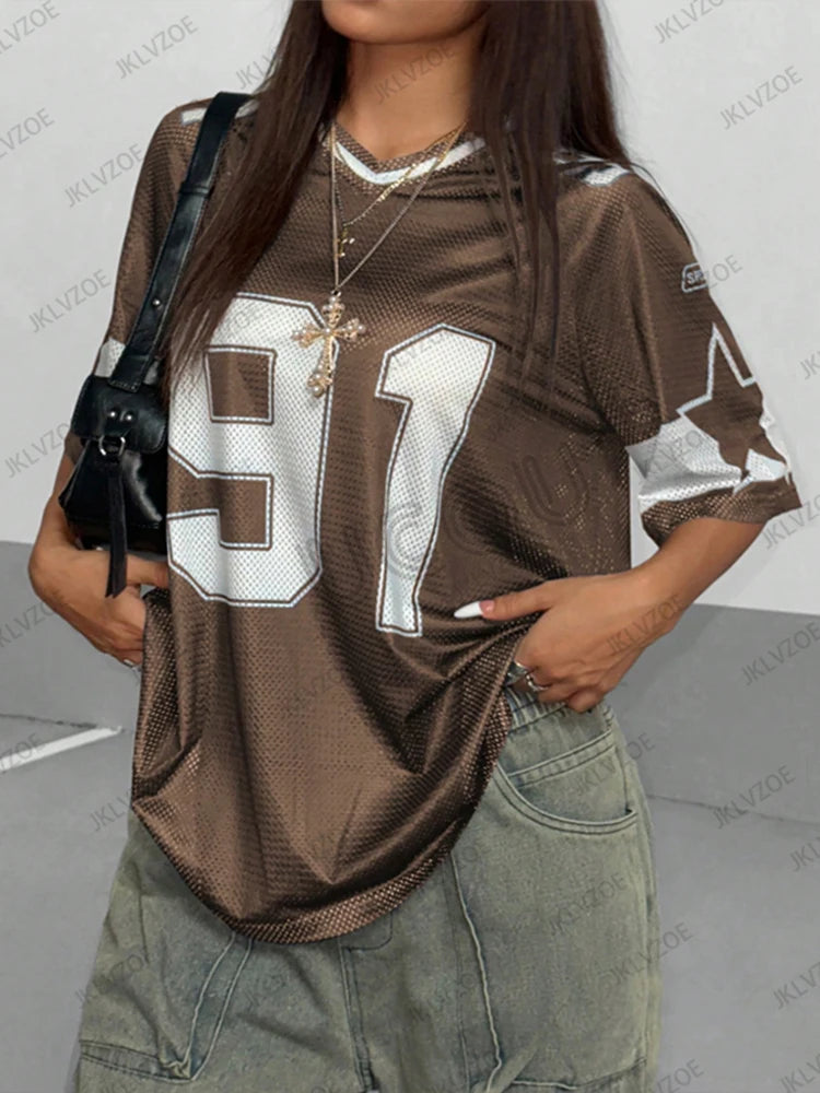 Camiseta negra de mujer Glow con estampado de velocidad 91, manga corta, cuello en V y estilo holgado Tops Y2K verano.