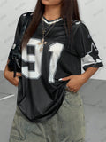 Camiseta deportiva negra de mujer Glow con estampado de velocidad 91, manga corta, cuello en V y estilo holgado Y2K