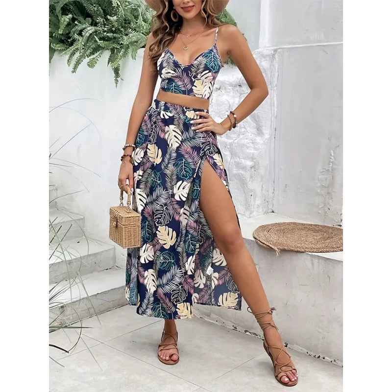 Vestido elegante sin mangas de Glow con cuello en V profundo y falda estampada, ideal para verano con abertura alta.