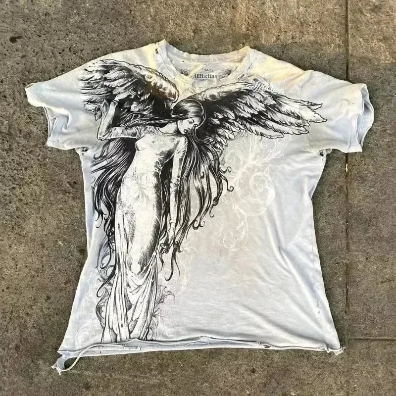 Camiseta blanca Y2K para hombre con estampado de calavera y letras, estilo retro Harajuku, moda gótica manga corta de Glow