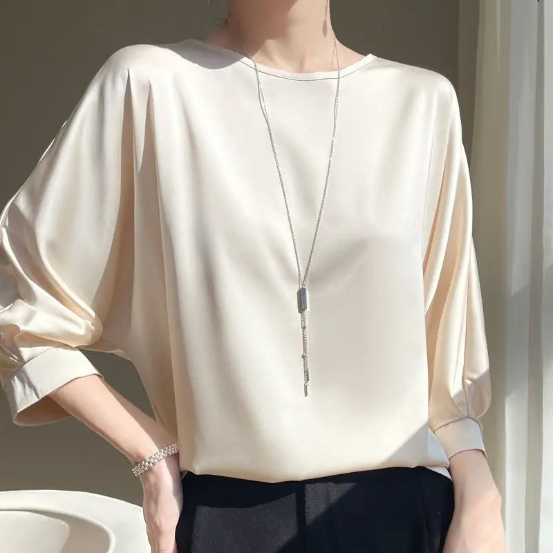 Camiseta de seda satinada de media manga para mujer, básica, sólida, con cuello redondo y estilo informal de Glow.