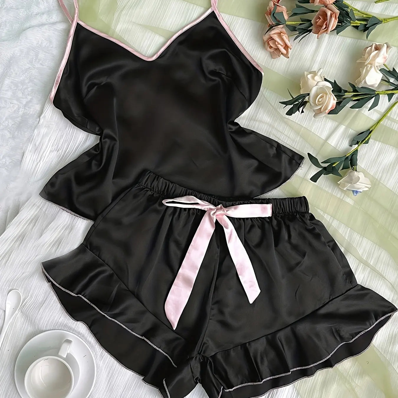 Pijama de satén para mujer Glow, camiseta con cuello en V, bordes con volantes y pantalones cortos con lazo, ropa cómoda para el hogar