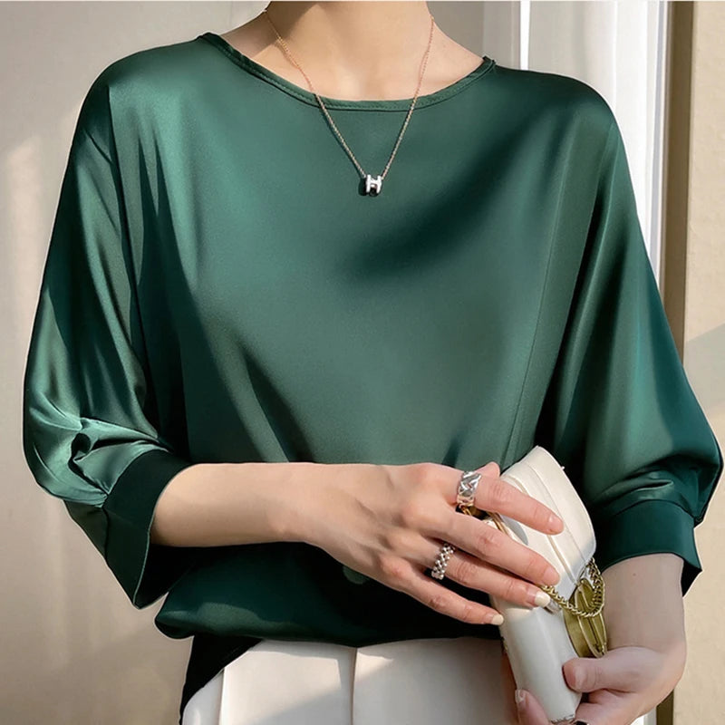 Camiseta de seda satinada de media manga para mujer, básica, sólida, con cuello redondo, blusa holgada de verano de Glow