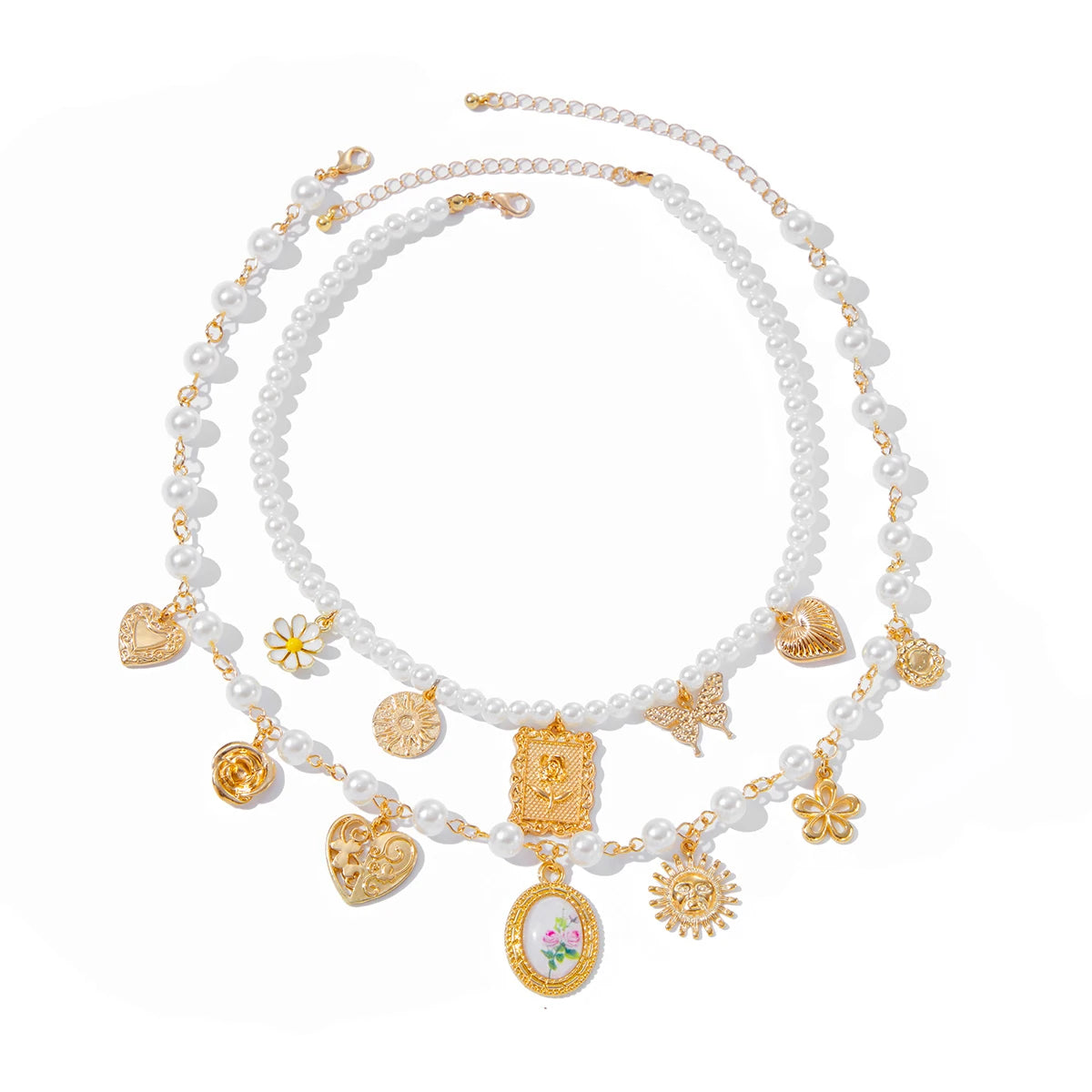 Collar de lujo Glow con colgantes de mariposa, girasol, corazón y perlas de imitación para mujer, estilo declaración y elegancia.