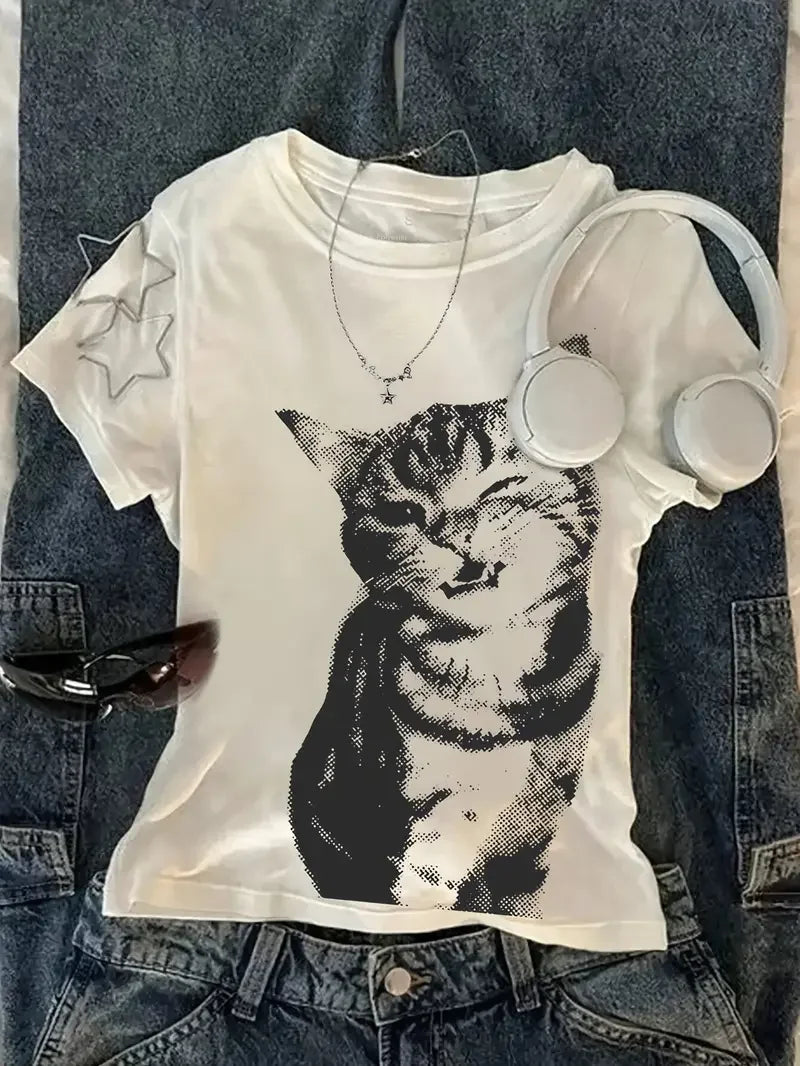 Camiseta de mujer Glow con estampado de letras y gato, estilo vintage Y2K, ropa de calle de gran tamaño para verano