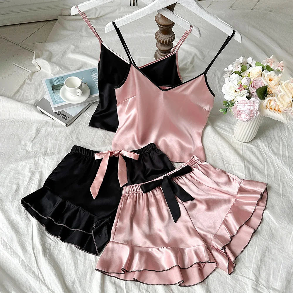 Pijama de satén para mujer de Glow, camiseta con cuello en V, bordes con volantes y pantalones cortos con lazo, ropa de hogar transpirable
