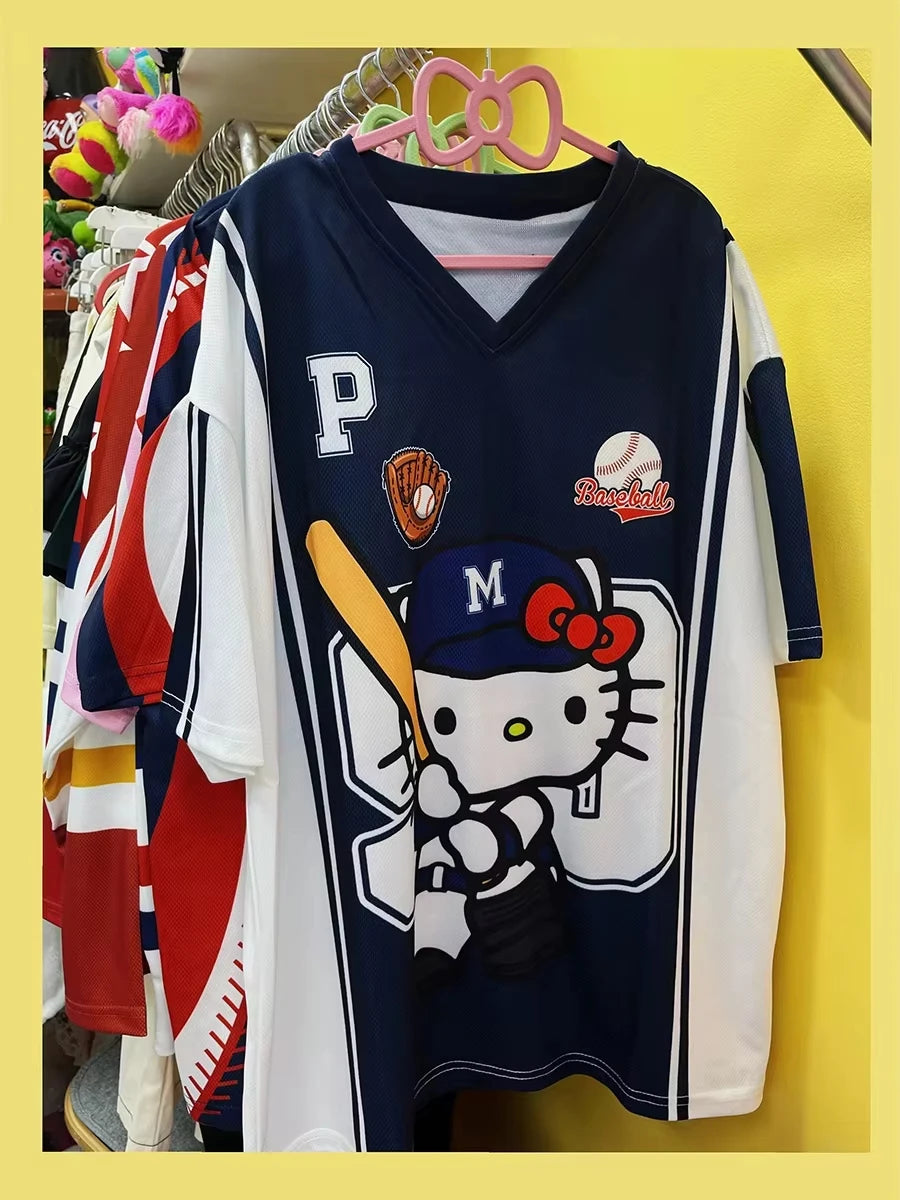 Camiseta de dibujos animados Hello Kitty de Glow, ropa deportiva ligera y transpirable con cuello en V para hombres y mujeres.