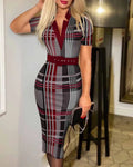 Vestido tubo midi con cuello en V, cinturón y estampado geométrico de la marca Glow, ajustado y de manga larga para todas las estaciones.