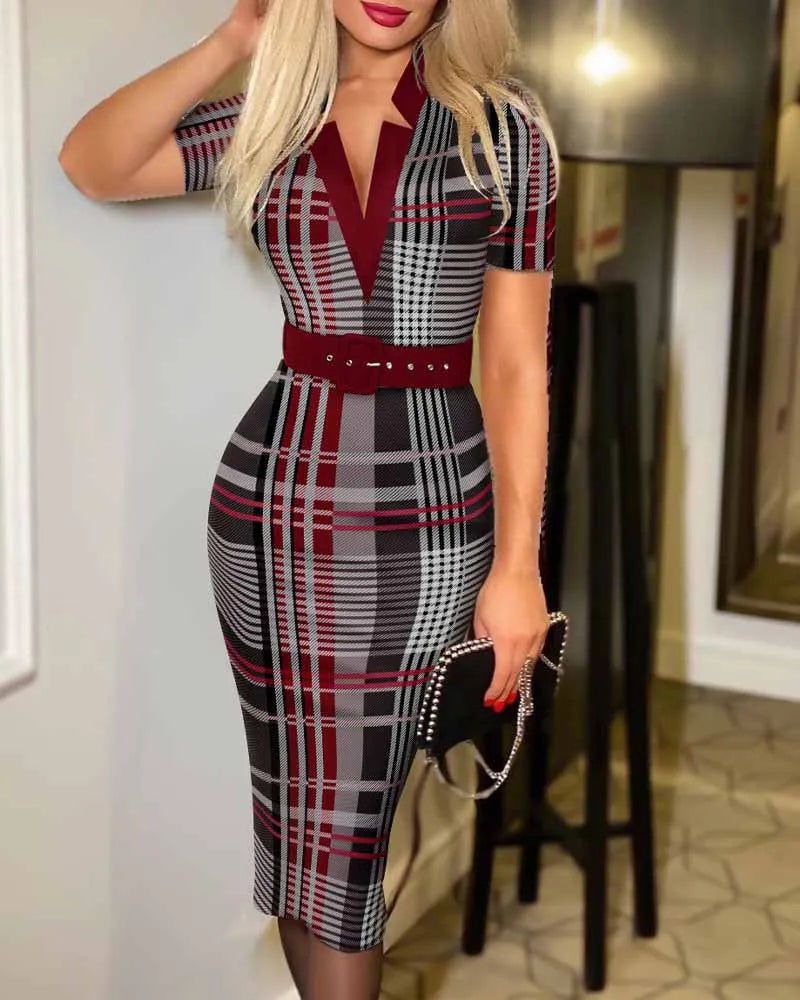 Vestido tubo midi con cuello en V, cinturón y estampado geométrico de la marca Glow, ajustado y de manga larga para todas las estaciones.