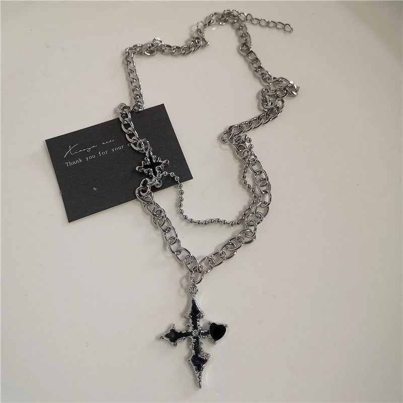 Collar de cadena negro con colgante cruz de corazón, estilo punk rock y gótico, para hombres y mujeres, accesorios vintage de los 90 y Y2K