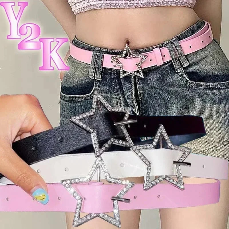Cinturón de hebilla estrella Y2K Glow con encuadernación de cuero rosa y detalles de diamantes de imitación para novia.