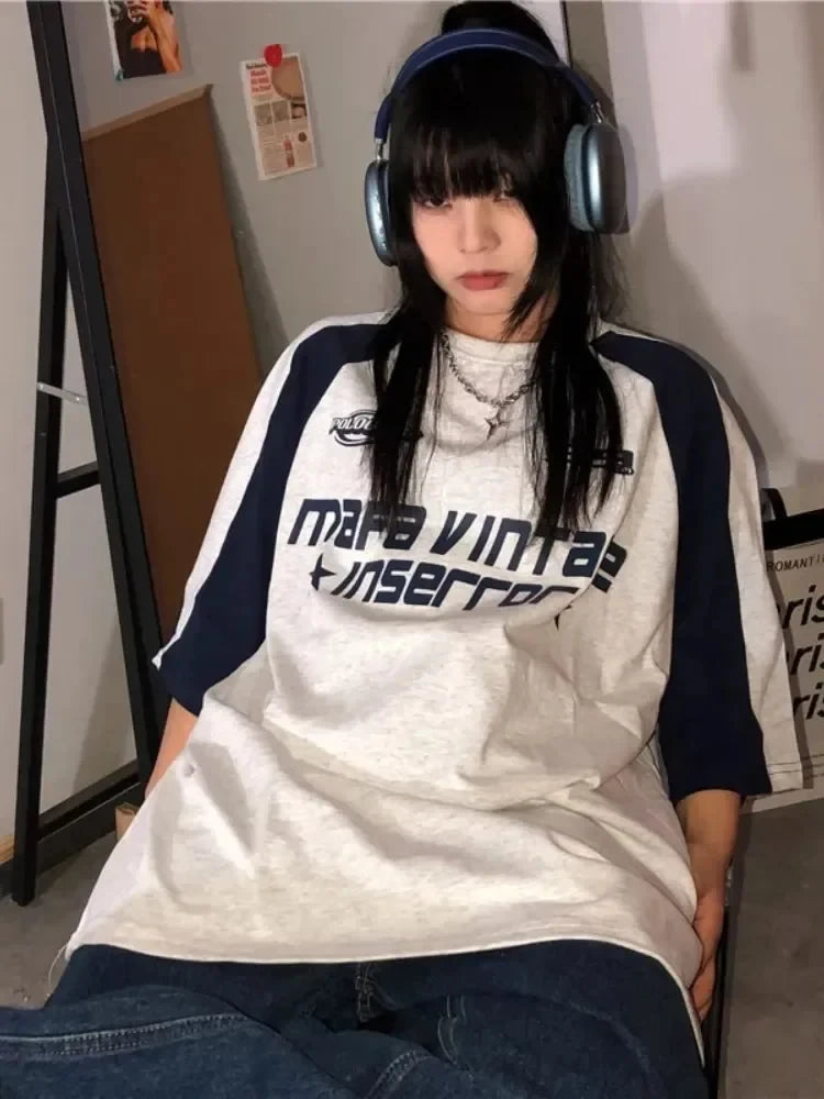 Camiseta vintage coreana de estilo Y2K, de manga corta y gran tamaño, marca Glow, ropa callejera y estética grunge.
