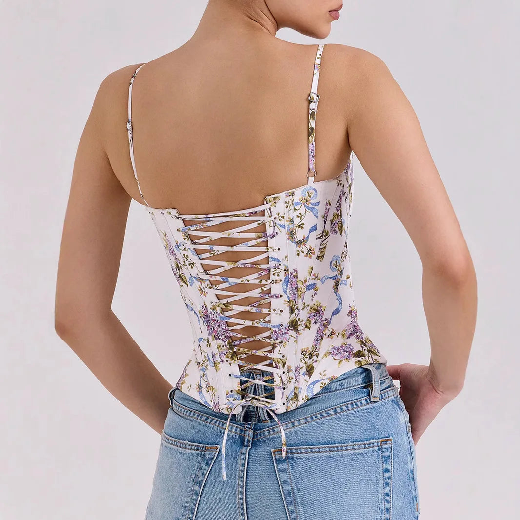 Top corto con corsé floral para mujer, camisola sexy de verano Glow, con cordones y diseño moderno.