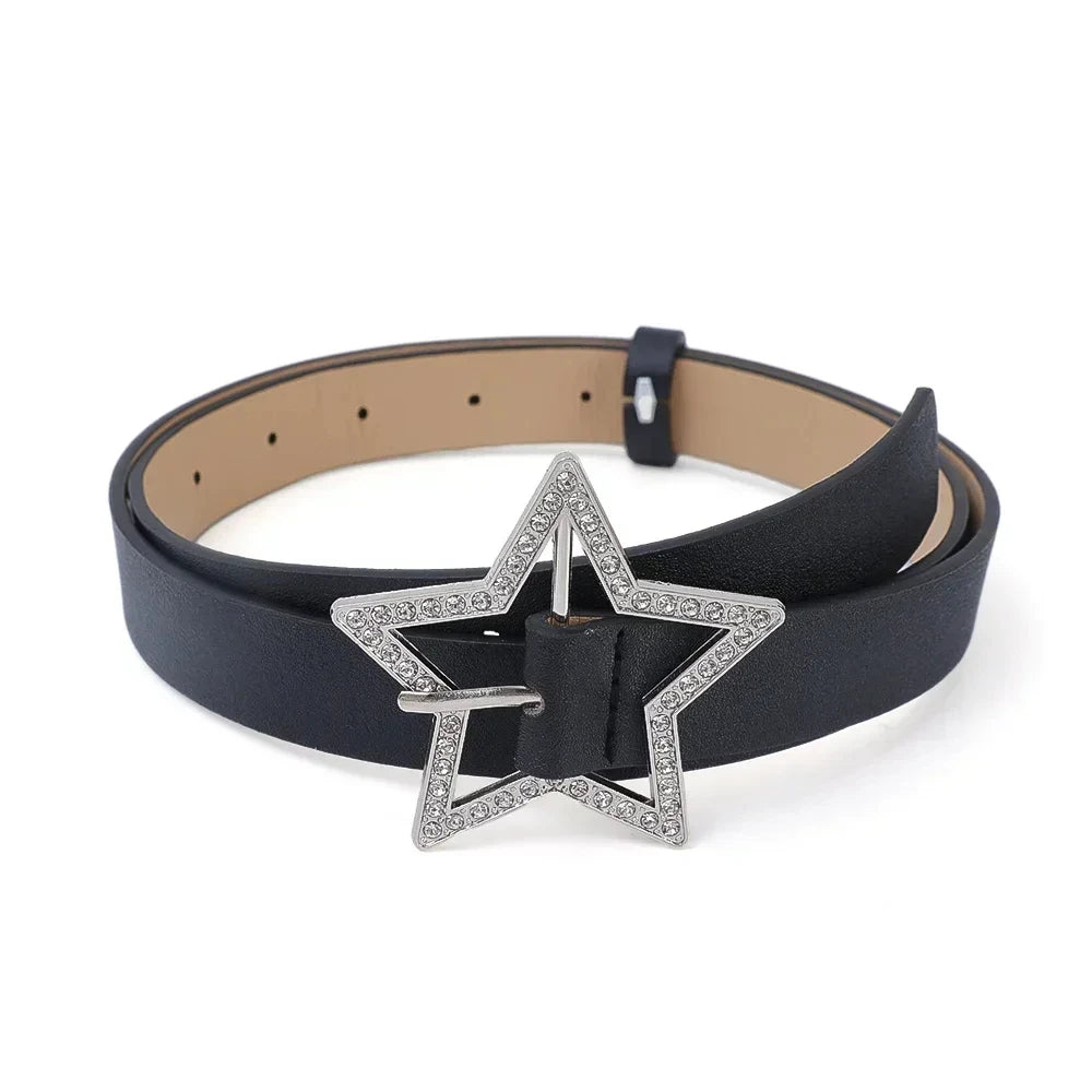 Cinturón Glow con hebilla de estrella Y2K, cuero rosa con encuadernación elástica y diamantes de imitación brillantes.
