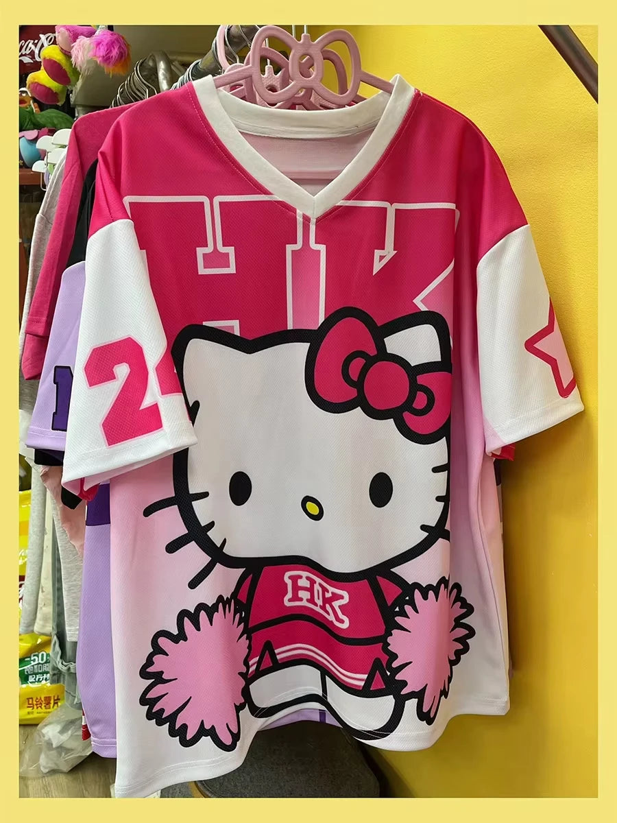 Camiseta de dibujos animados Hello Kitty de Glow, ropa deportiva ligera y transpirable para mujeres y hombres, estilo casual y cómodo.