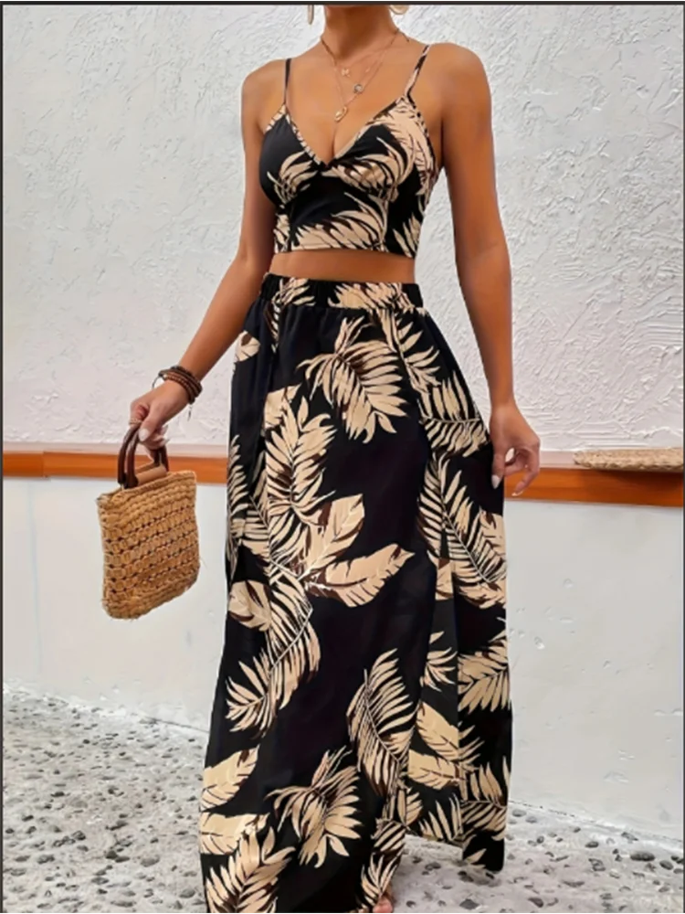 Vestido elegante sin mangas de Glow con cuello en V profundo, falda estampada y chaleco, ideal para verano y moda tendencia.