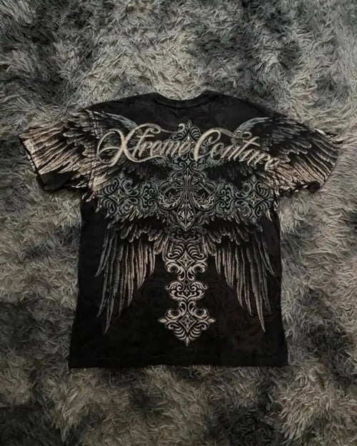 Camiseta de cuello redondo Glow para hombre con estampado de ala de ángel y calavera, transpirable y cómoda para verano y calle.