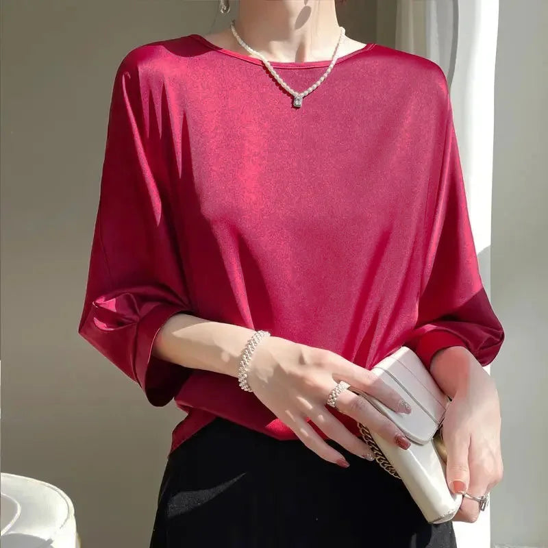 Camiseta de seda satinada de media manga para mujer, básica y holgada con cuello redondo, en color sólido, de la marca Glow