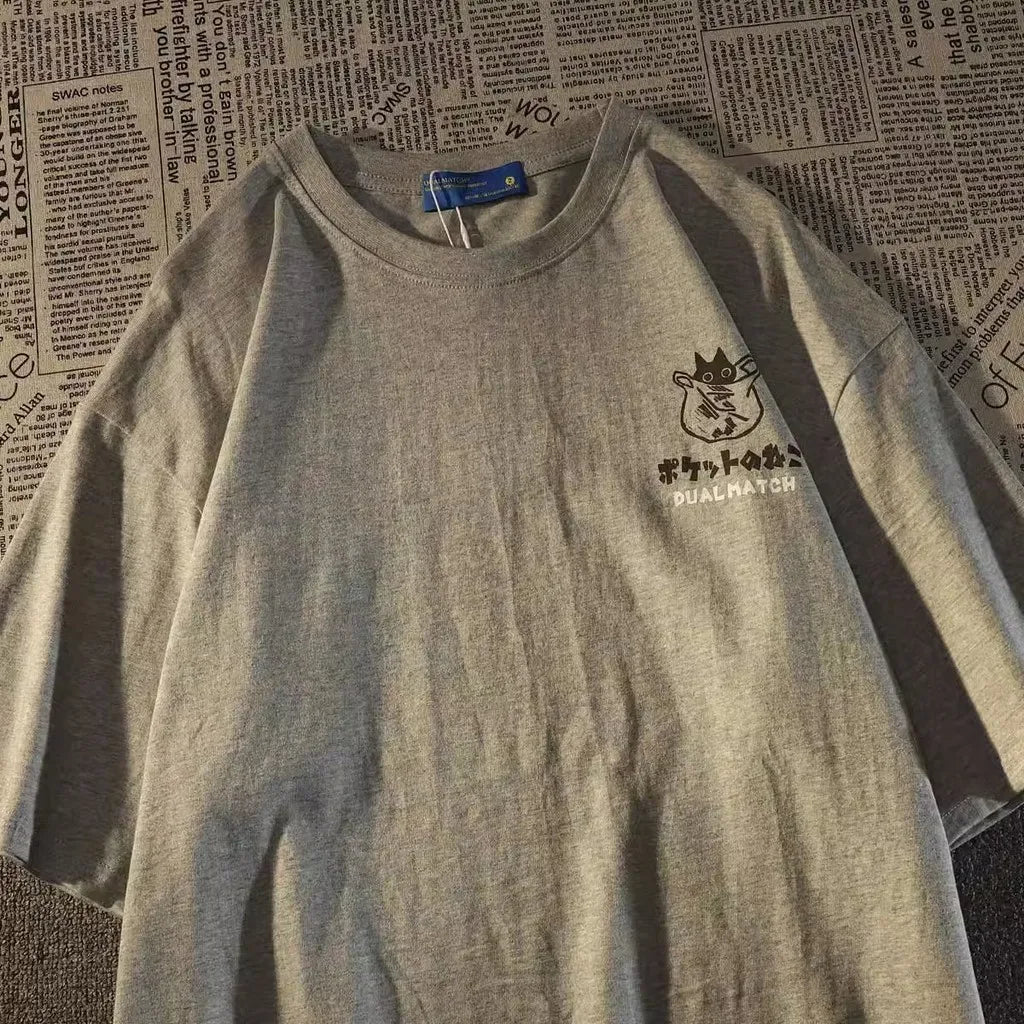 Camiseta de manga corta Glow con estampado de gatos y bolsillo retro japonés, estilo universitario unisex para verano.